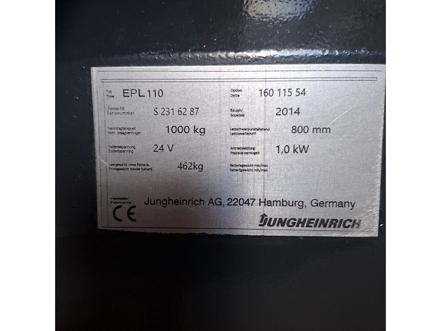 Elektrische stapelaar jungheinrich, epl 110, bouwjaar 2014 - afbeelding 9 van  10