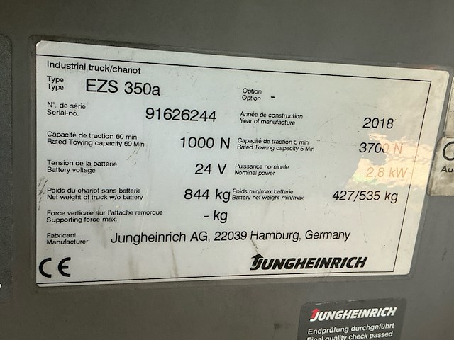 Elektro trekker, jungheinrich, ezs-350-a-ftf, geel, 2018, elektrisch - afbeelding 11 van  16