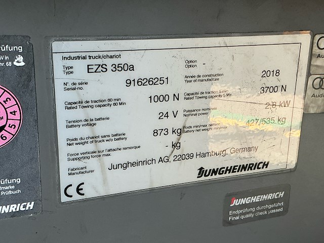 Elektro trekker jungheinrich, ezs-350-a-ftf, geel, bouwjaar 2018, elektrisch - afbeelding 7 van  11