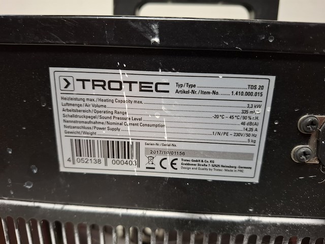 Elektroheater - 3kw - 230v trotec, tds 20, bouwjaar 2017 - afbeelding 3 van  4