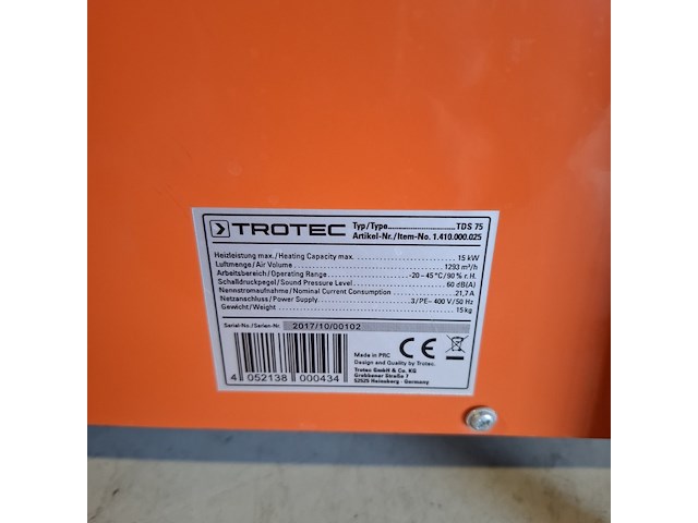 Elektroheater 15kw 400v trotec, tds 75, 2017 - afbeelding 5 van  5