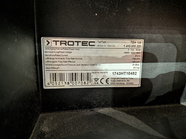 Elektroheater 18kw 400v, trotec, teh 100, 2017 - afbeelding 7 van  7