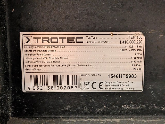 Elektroheater 18kw 400v trotec, teh 100, bouwjaar 2015 - afbeelding 9 van  11