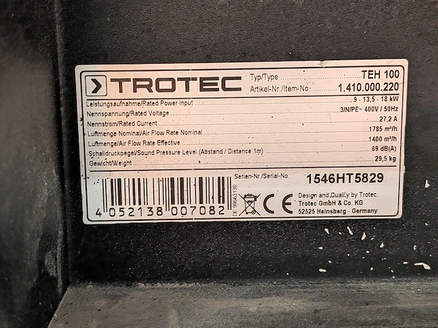 Elektroheater 18kw 400v trotec, teh 100, bouwjaar 2015 - afbeelding 12 van  12