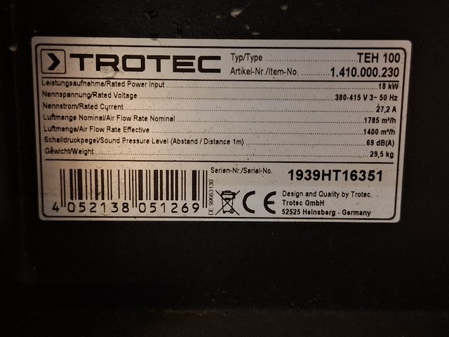 Elektroheater 18kw 400v trotec, teh 100, bouwjaar 2019 - afbeelding 5 van  5