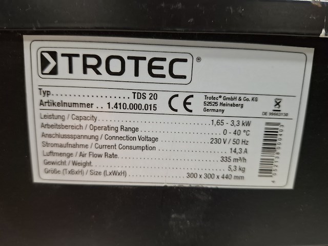 Elektroheater 3kw 230v trotec, tds 20, bouwjaar 2014 - afbeelding 4 van  4