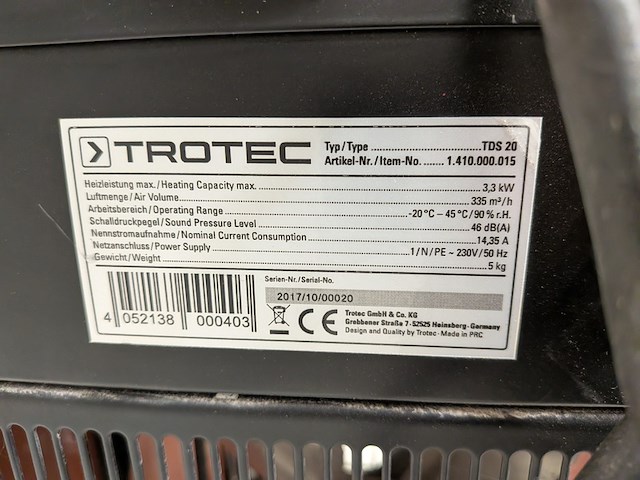 Elektroheater 3kw 230v trotec, tds 20, bouwjaar 2017 - afbeelding 5 van  5
