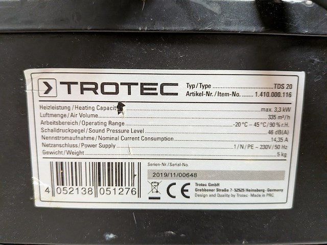 Elektroheater 3kw 230v trotec, tds 20, bouwjaar 2019 - afbeelding 4 van  5