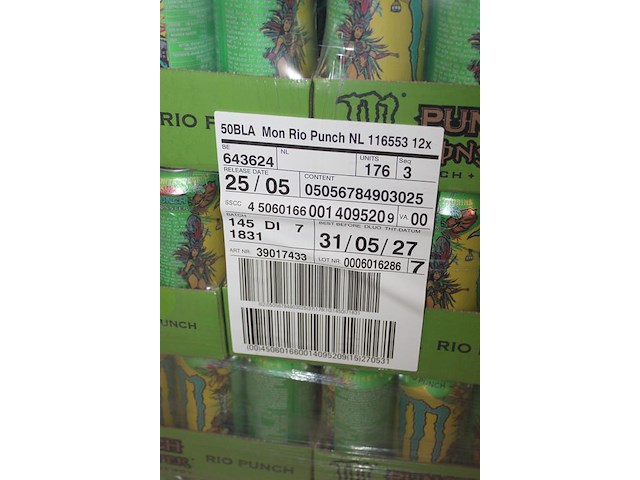Energiedrank monster rio punch. 176 trays a 12 x 0,5l. 2112 blikken. tht 5-27. bod is inclusief 316,80 euro... - afbeelding 3 van  3