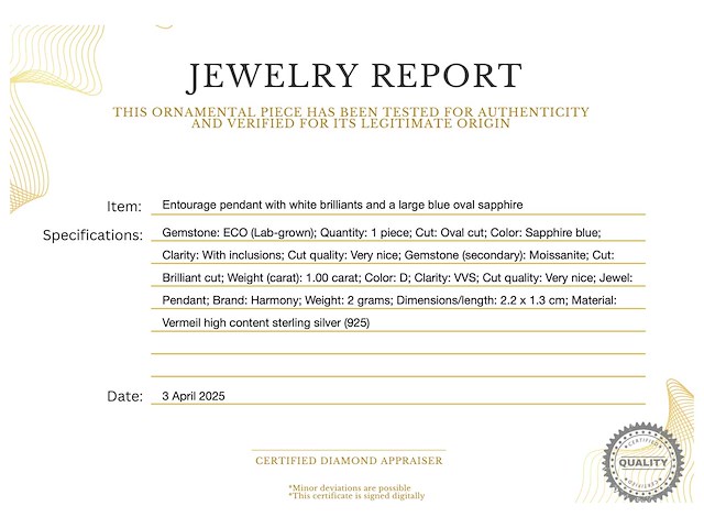 Entourage hanger met witte briljanten en grote blauwe saffier ovaal - afbeelding 3 van  7