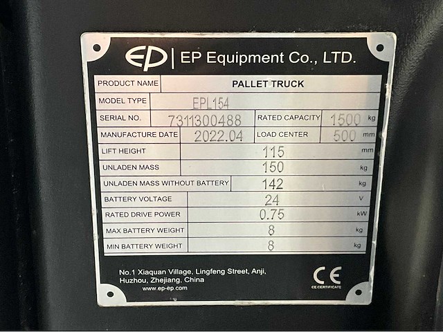 Ep - epl 154 elektrische palletwagen, bj 2022, 195 uur - afbeelding 2 van  11