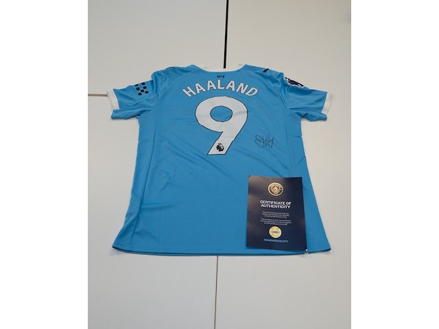 Erling braut haaland shirt - manchester city puma, blauw, gesigneerd, m - afbeelding 1 van  4