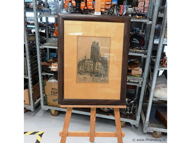 Ets (1/10) de grote kerk en de haven (bomkade) in dordrecht van marius janssen (1885-1957) - afbeelding 1 van  5