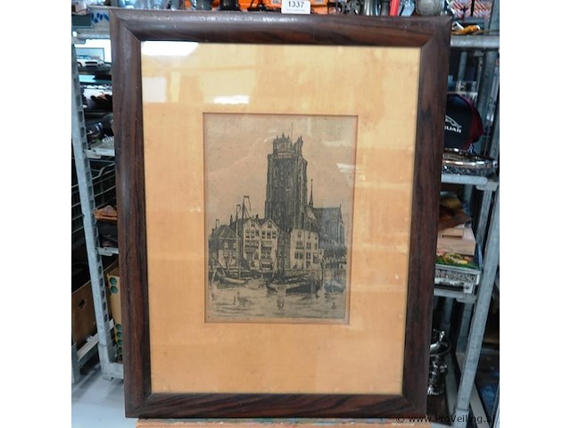 Ets (1/10) de grote kerk en de haven (bomkade) in dordrecht van marius janssen (1885-1957) - afbeelding 2 van  5