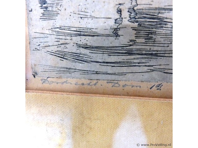 Ets (1/10) de grote kerk en de haven (bomkade) in dordrecht van marius janssen (1885-1957) - afbeelding 4 van  5