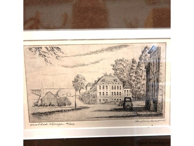 Ets met de titel „waalkade nijmegen”, linksonder genummerd als oplage (vermoedelijk 10/100) en rechtsonder gesigneerd en gedateerd '82. - afbeelding 3 van  5