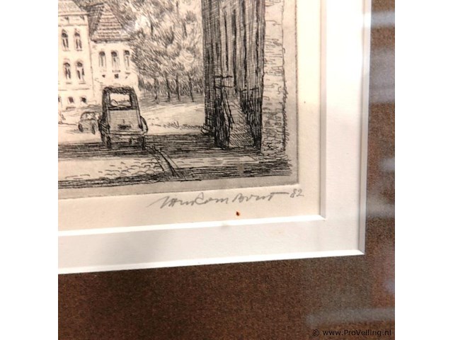 Ets met de titel „waalkade nijmegen”, linksonder genummerd als oplage (vermoedelijk 10/100) en rechtsonder gesigneerd en gedateerd '82. - afbeelding 4 van  5