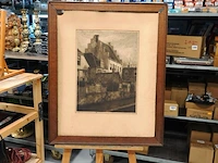 Ets of tekening van de langegracht in amersfoort, gemaakt door de nederlandse kunstenaar dirk harting (1884–1972)