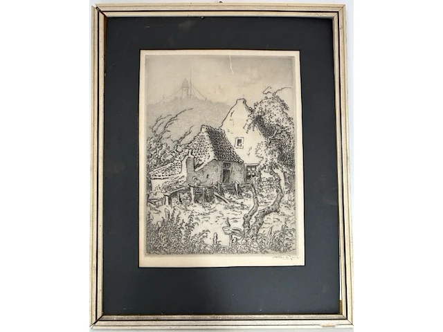 Ets van kust/dorpsgezicht met vuurtoren - afbeelding 1 van  7