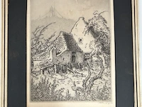 Ets van kust/dorpsgezicht met vuurtoren - afbeelding 1 van  7