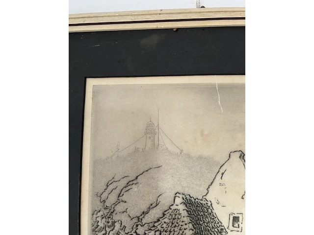 Ets van kust/dorpsgezicht met vuurtoren - afbeelding 4 van  7