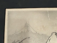Ets van kust/dorpsgezicht met vuurtoren - afbeelding 4 van  7