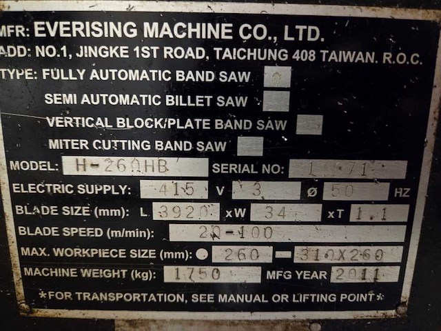 Everising - 2011 - h 260 hb - cnc-bandzaagmachine - afbeelding 4 van  10