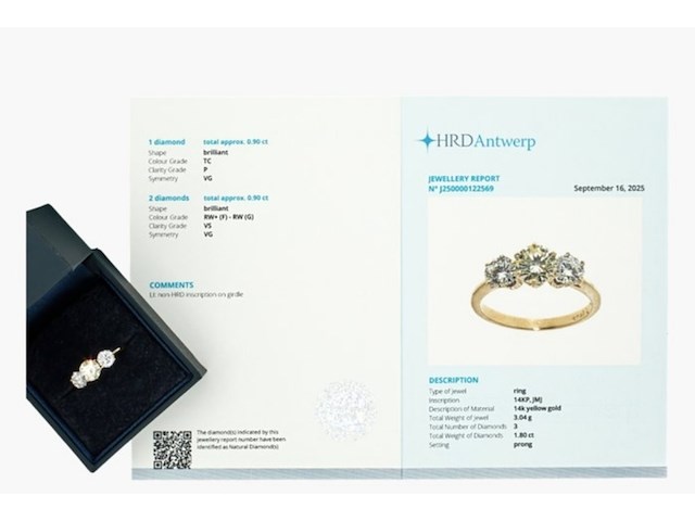 Exclusieve 14k geelgouden ring | natuurlijke diamanten | 1.80ct | (f–g, si1–vs2) | ( hrd gecertificeerd ), 3-stenen ring, 2025 - afbeelding 8 van  8