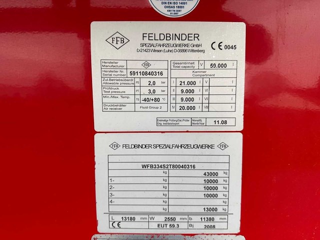 Feldbinder - bulktrailer - 2009 - 59.3 kuub - 4 vakken - stuuras - 3 x 10 tons assen - ok-58-tf - afbeelding 24 van  30