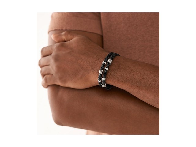 Fossil jf04473040 herenarmband met zwarte leren band - afbeelding 2 van  3