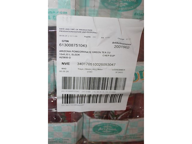 Fruitdrank arizona pommegranate. 180 trays a 12 stuks 33 cl. totaal 2160 blikken. tht 7-26. bod is inclusie... - afbeelding 3 van  3