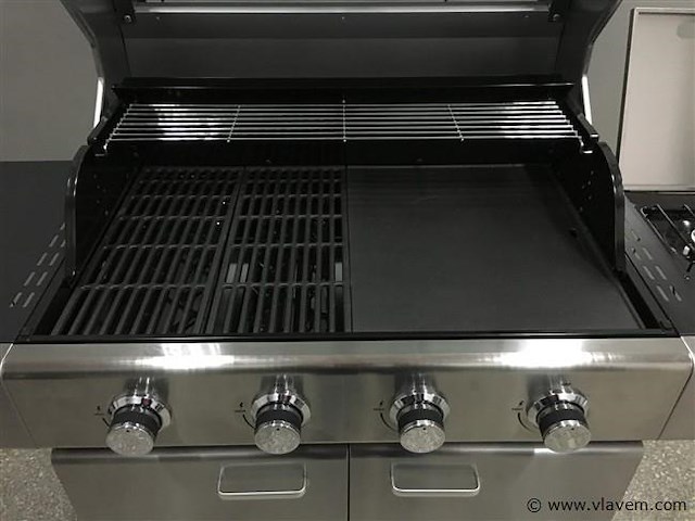Gasbarbecue 4 branders - rvs met gietijzeren roosters - incl. zijbrander & gietijzeren kookplaat - afbeelding 2 van  4