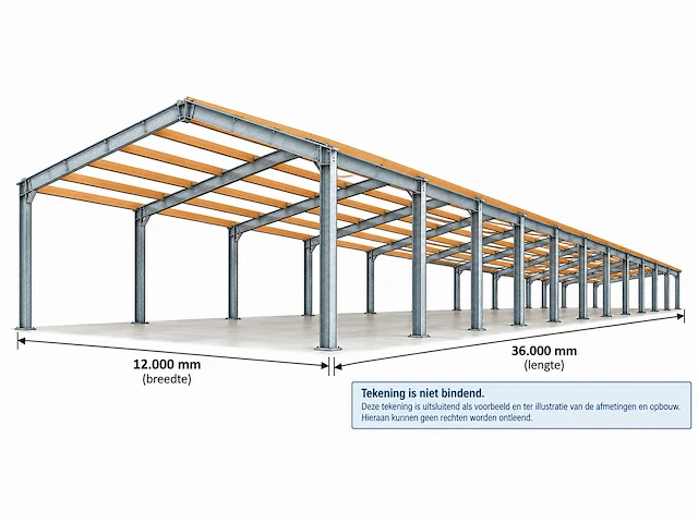 Gedemonteerde loods / schuur 36 x 12 m – verzinkte staalconstructie met houten gordingen - afbeelding 20 van  24