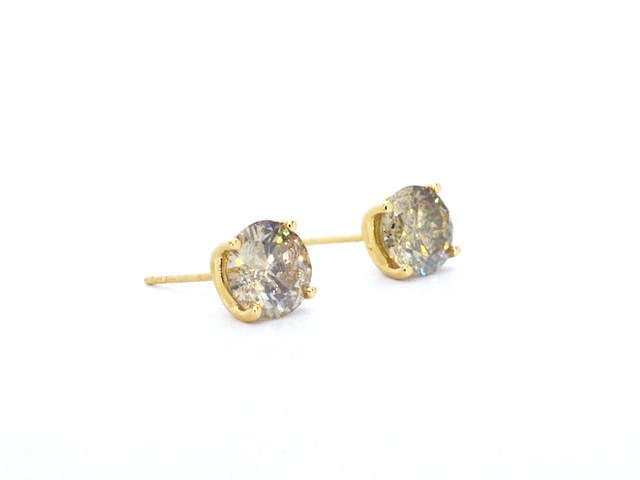 Geelgouden champagne gekleurde solitair oorbellen met 3.60 carat natuurlijke grote diamanten - afbeelding 5 van  10