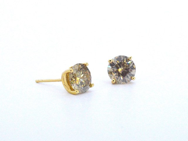 Geelgouden champagne gekleurde solitair oorbellen met 3.60 carat natuurlijke grote diamanten - afbeelding 6 van  10