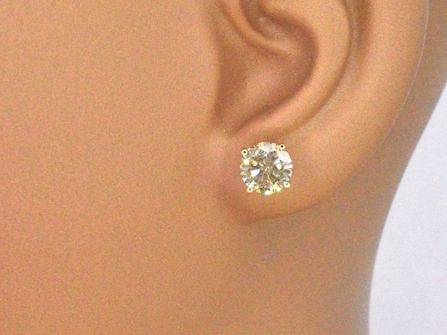 Geelgouden champagne gekleurde solitair oorbellen met 3.60 carat natuurlijke grote diamanten - afbeelding 3 van  10