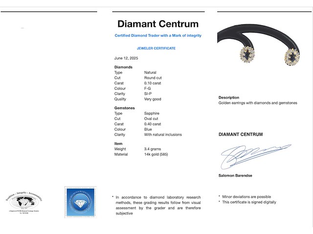 Geelgouden oorbellen saffieren en diamanten - afbeelding 3 van  9