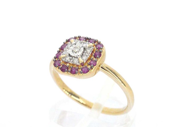 Geelgouden ring met diamanten en robijn - afbeelding 5 van  10