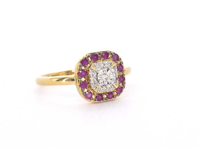 Geelgouden ring met diamanten en robijn - afbeelding 7 van  10