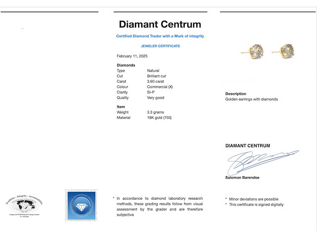 Geelgouden solitair oorbellen champagne diamanten 3.60 carat - afbeelding 3 van  9