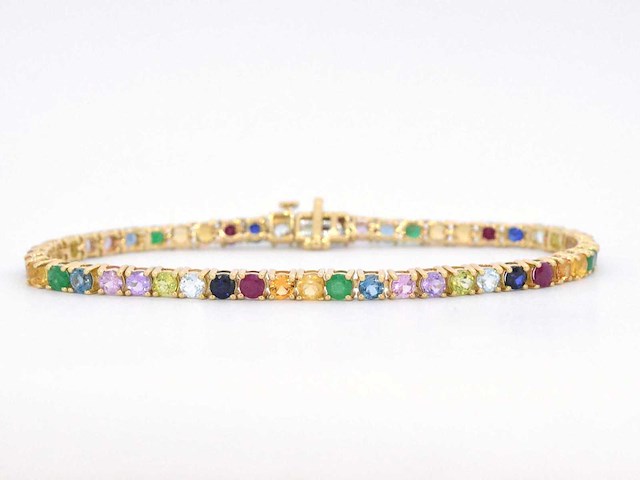 Geelgouden tennisarmband met multi colour edelstenen - afbeelding 1 van  9