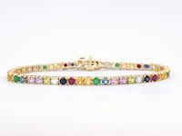 Geelgouden tennisarmband met multi colour edelstenen