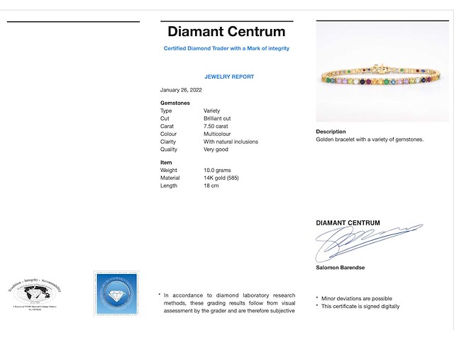 Geelgouden tennisarmband met multi colour edelstenen - afbeelding 3 van  9