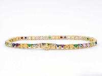 Geelgouden tennisarmband met multi colour edelstenen - afbeelding 4 van  9