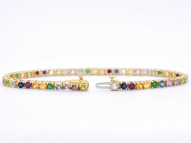 Geelgouden tennisarmband met multi colour edelstenen - afbeelding 5 van  9