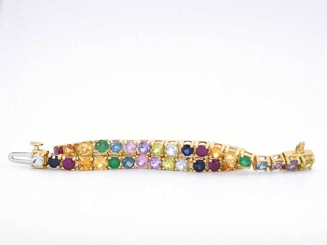 Geelgouden tennisarmband met multi colour edelstenen - afbeelding 7 van  9