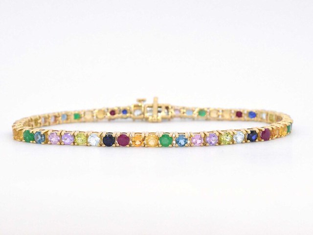 Geelgouden tennisarmband met multi colour edelstenen - afbeelding 1 van  10