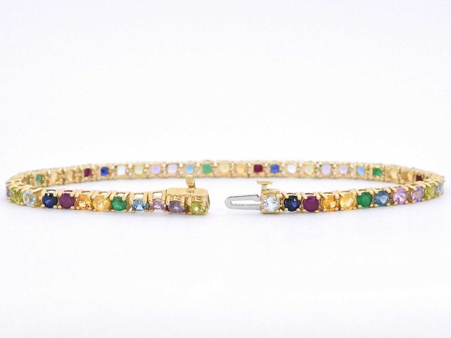 Geelgouden tennisarmband met multi colour edelstenen - afbeelding 5 van  10