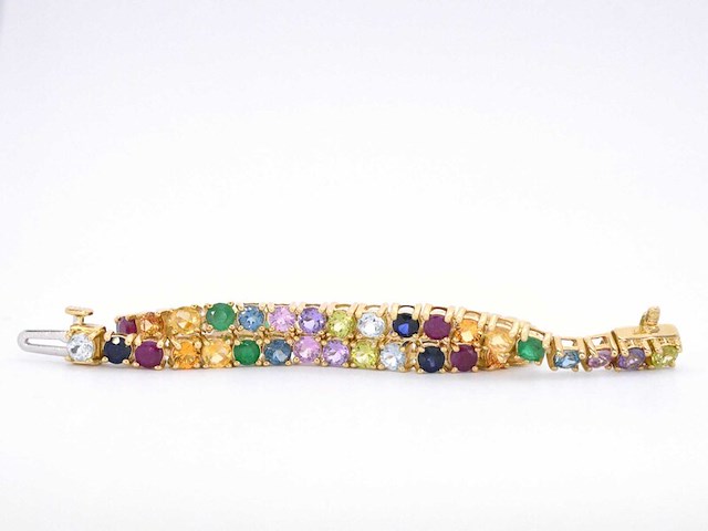 Geelgouden tennisarmband met multi colour edelstenen - afbeelding 7 van  10