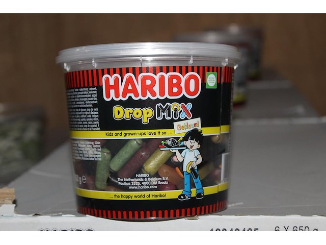 Gekleurde drop mix haribo in 10 overdozen met 6 emmers a650 g. tht 9-2026. - afbeelding 1 van  2